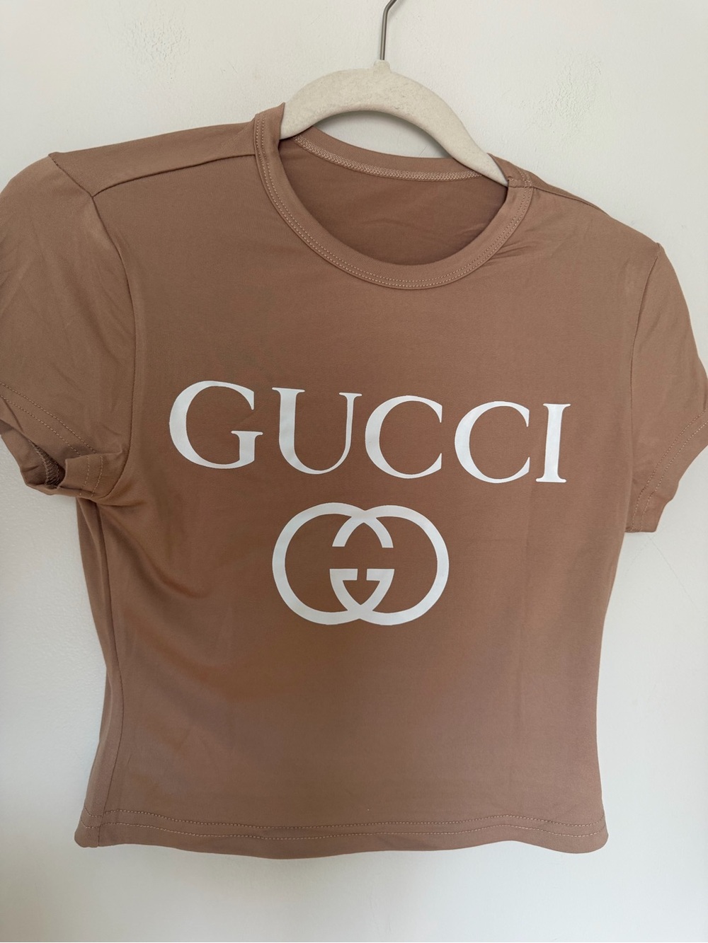 Custom Design Print  Short-Sleeve Logo Crop Tee in Brown with White Print